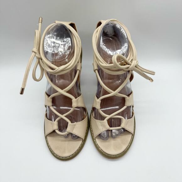 UO Silence + Noise Sofia Lace Up Ankle Tie Heel Sandals Cream Size 9 Boho Glam - Picture 5 of 14